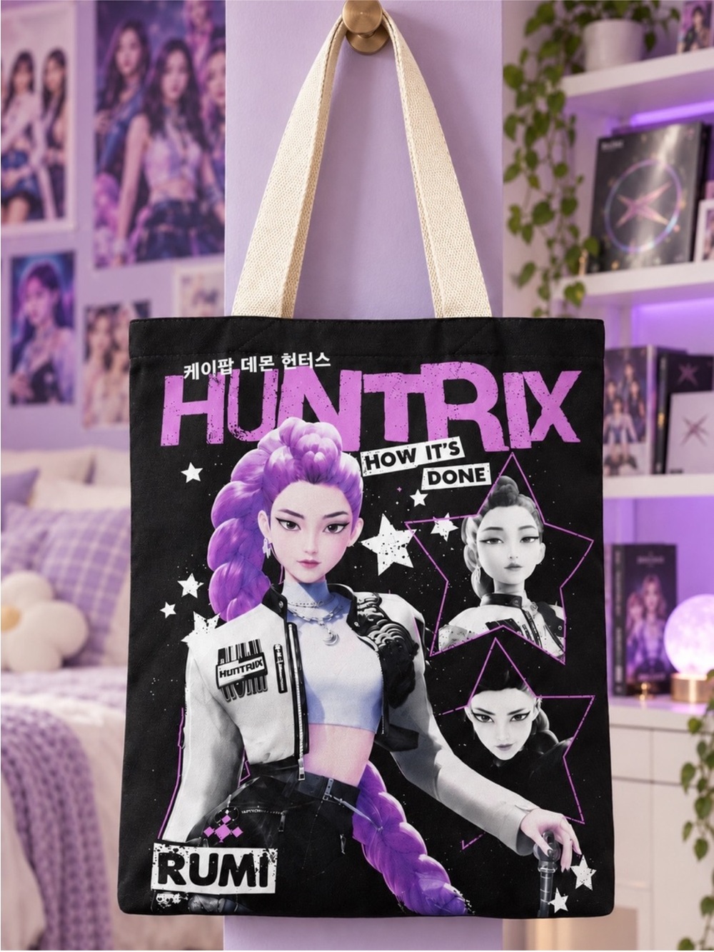 KPop Demon Hunters Rumi HUNTRIX Tote Bag - Black & Purple with Cream Handles